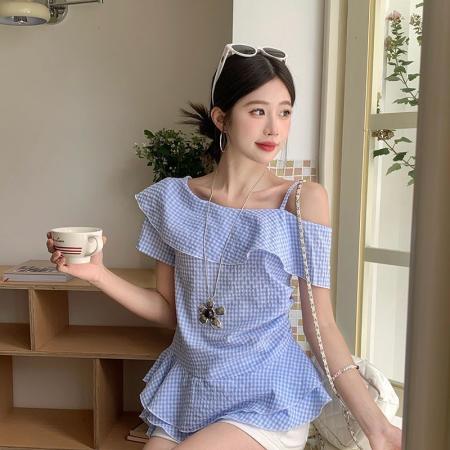 BY18201# 大码胖mm夏新款韩版改良斜肩正肩设计感短袖格子上衣设计学院5925  服裝批發女裝批發服飾貨源