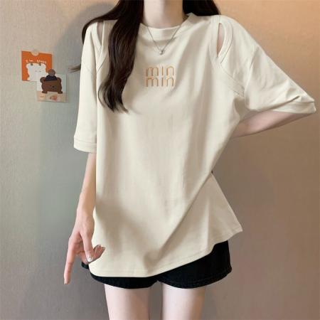 BY18202# 2-300斤特大码中长款镂空短袖t恤女夏季新款宽松显瘦遮肉刺绣上衣  服裝批發女裝批發服飾貨源