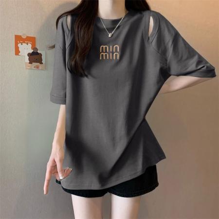 BY18202# 2-300斤特大码中长款镂空短袖t恤女夏季新款宽松显瘦遮肉刺绣上衣  服裝批發女裝批發服飾貨源