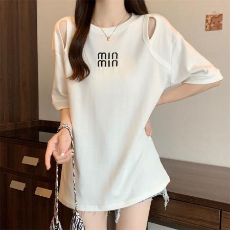 BY18202# 2-300斤特大码中长款镂空短袖t恤女夏季新款宽松显瘦遮肉刺绣上衣  服裝批發女裝批發服飾貨源