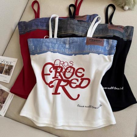 BY18203# 潮流复古牛仔拼接印花吊带背心内搭夏季辣妹一字抹胸上衣女带胸垫  服裝批發女裝批發服飾貨源