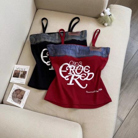 BY18203# 潮流复古牛仔拼接印花吊带背心内搭夏季辣妹一字抹胸上衣女带胸垫  服裝批發女裝批發服飾貨源