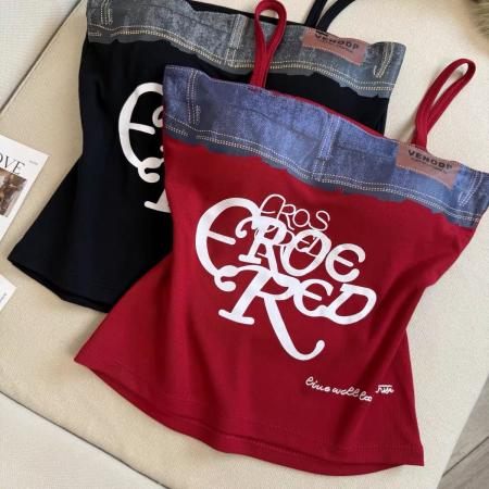 BY18203# 潮流复古牛仔拼接印花吊带背心内搭夏季辣妹一字抹胸上衣女带胸垫  服裝批發女裝批發服飾貨源