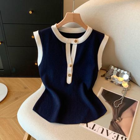 BY18208# 复古港风撞色圆领无袖吊带背心夏季新款甜辣妹修身显瘦纽扣小衫潮  服裝批發女裝批發服飾貨源
