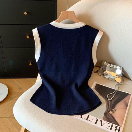 BY18208# 复古港风撞色圆领无袖吊带背心夏季新款甜辣妹修身显瘦纽扣小衫潮  服裝批發女裝批發服飾貨源