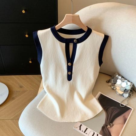 BY18208# 复古港风撞色圆领无袖吊带背心夏季新款甜辣妹修身显瘦纽扣小衫潮  服裝批發女裝批發服飾貨源