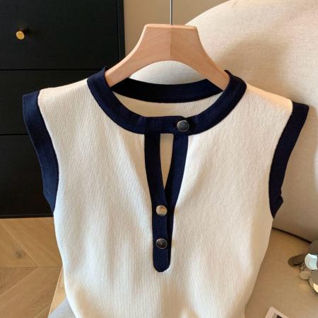 BY18208# 复古港风撞色圆领无袖吊带背心夏季新款甜辣妹修身显瘦纽扣小衫潮  服裝批發女裝批發服飾貨源