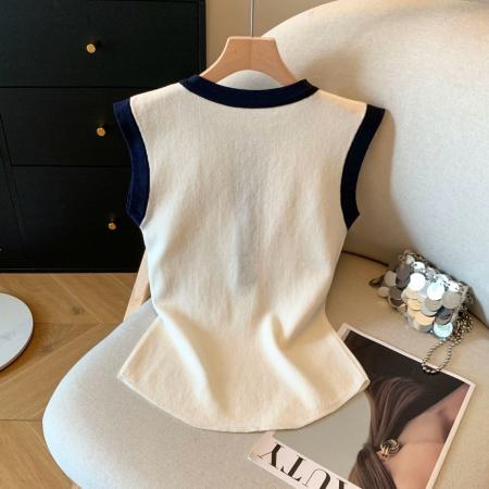 BY18208# 复古港风撞色圆领无袖吊带背心夏季新款甜辣妹修身显瘦纽扣小衫潮  服裝批發女裝批發服飾貨源