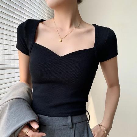 BY18209# 高档冰丝螺纹t恤女新款夏季女装短袖体恤v领木耳边上衣女  服裝批發女裝批發服飾貨源