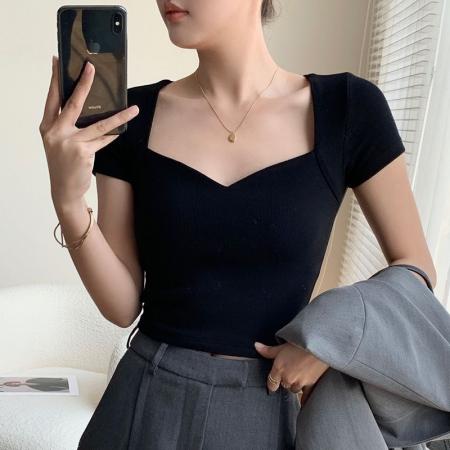 BY18209# 高档冰丝螺纹t恤女新款夏季女装短袖体恤v领木耳边上衣女  服裝批發女裝批發服飾貨源