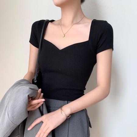 BY18209# 高档冰丝螺纹t恤女新款夏季女装短袖体恤v领木耳边上衣女  服裝批發女裝批發服飾貨源