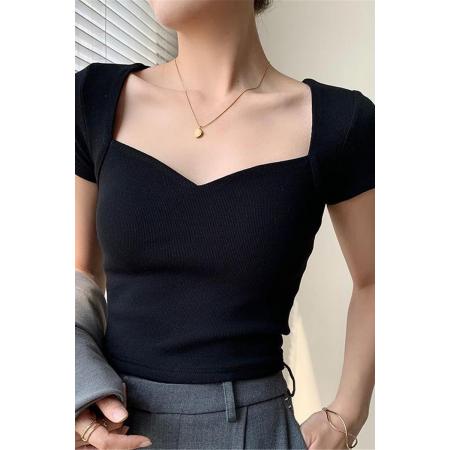 BY18209# 高档冰丝螺纹t恤女新款夏季女装短袖体恤v领木耳边上衣女  服裝批發女裝批發服飾貨源