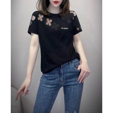 BY18211# 纯棉镂空圆领刺绣上衣女设计感高档显瘦通勤小众百搭休闲短袖t恤  服裝批發女裝批發服飾貨源