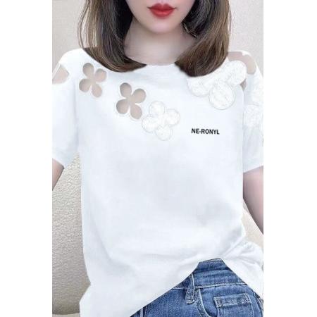 BY18211# 纯棉镂空圆领刺绣上衣女设计感高档显瘦通勤小众百搭休闲短袖t恤  服裝批發女裝批發服飾貨源