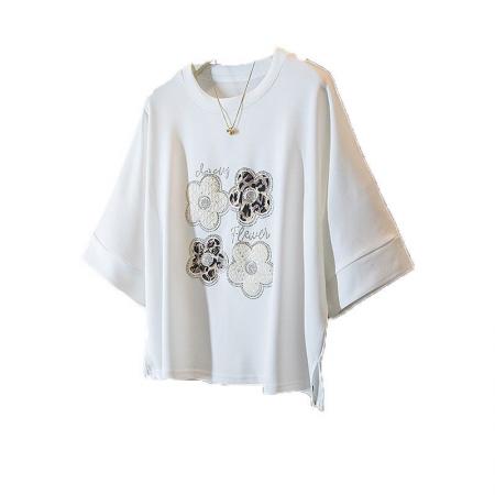 BY18213# 纯棉大码重工小花设计短袖t恤女春夏新款宽松显瘦百搭上衣女  服裝批發女裝批發服飾貨源