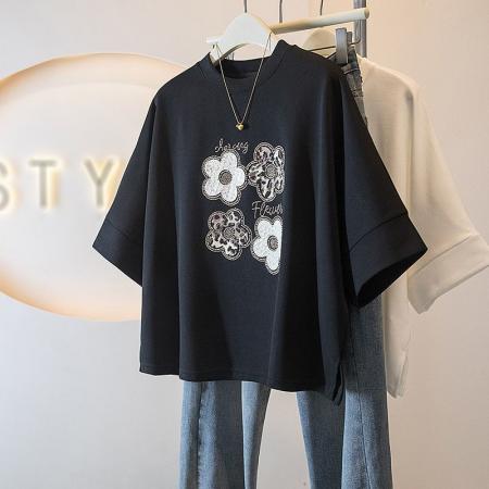 BY18213# 纯棉大码重工小花设计短袖t恤女春夏新款宽松显瘦百搭上衣女  服裝批發女裝批發服飾貨源