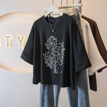 BY18215# 纯棉大码重工镶钻设计短袖t恤女春夏新款宽松显瘦时尚上衣女  服裝批發女裝批發服飾貨源