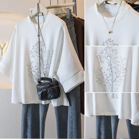 BY18215# 纯棉大码重工镶钻设计短袖t恤女春夏新款宽松显瘦时尚上衣女  服裝批發女裝批發服飾貨源