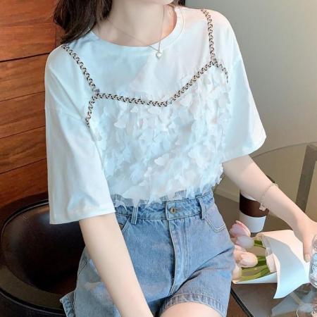 BY18216# 假两件夏季白色短袖T恤韩版原宿风个性小众设计感圆领上衣ins  服裝批發女裝批發服飾貨源