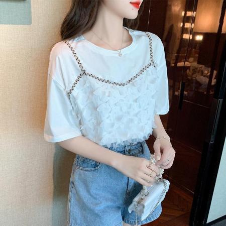 BY18216# 假两件夏季白色短袖T恤韩版原宿风个性小众设计感圆领上衣ins  服裝批發女裝批發服飾貨源