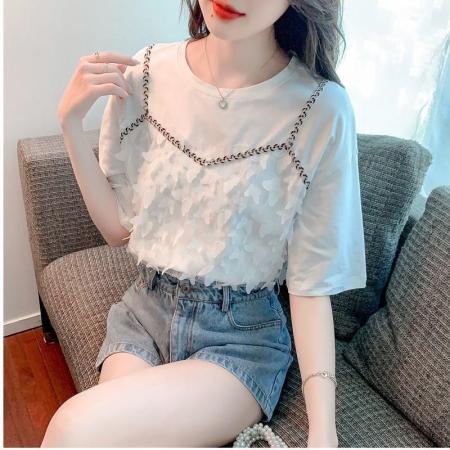 BY18216# 假两件夏季白色短袖T恤韩版原宿风个性小众设计感圆领上衣ins  服裝批發女裝批發服飾貨源