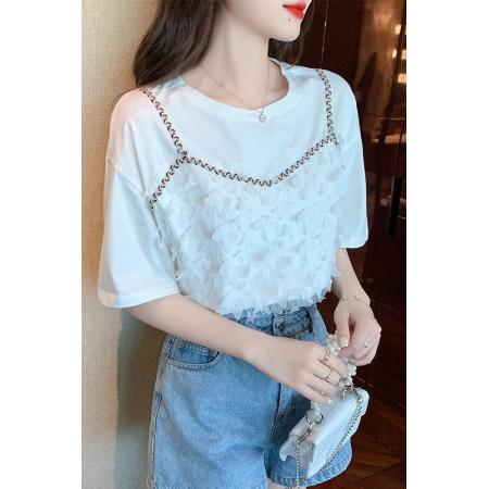 BY18216# 假两件夏季白色短袖T恤韩版原宿风个性小众设计感圆领上衣ins  服裝批發女裝批發服飾貨源