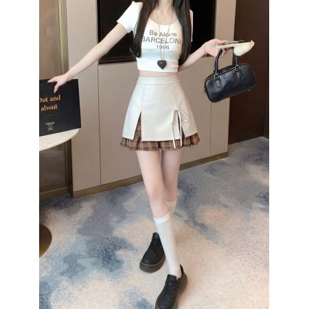 BY18225# 新款格子半身裙开叉西装拼接短裙显瘦时尚A字裙  服裝批發女裝批發服飾貨源