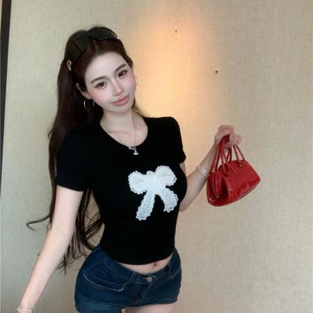 BY18227# 花园秀场刺绣蝴蝶结圆领正肩t恤女夏季修身短款上衣  服裝批發女裝批發服飾貨源