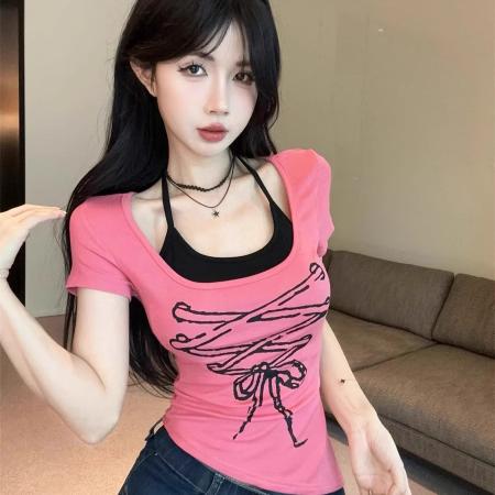 BY18228# 原版带胸垫不规则假两件玫粉色短袖t恤女夏纯欲性感挂脖上衣  服裝批發女裝批發服飾貨源