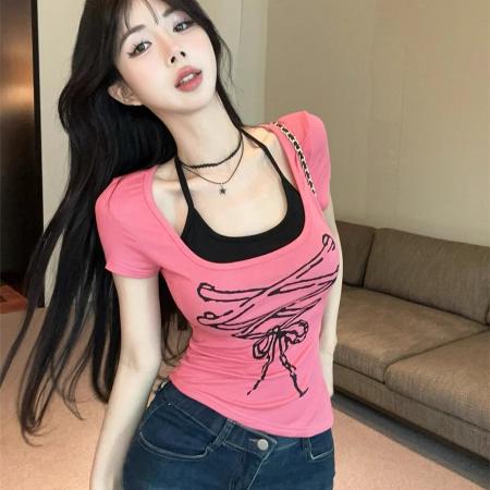 BY18228# 原版带胸垫不规则假两件玫粉色短袖t恤女夏纯欲性感挂脖上衣  服裝批發女裝批發服飾貨源