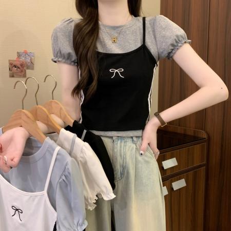 BY18233# 夏季新款韩系设计感蝴蝶结绣花假两件修身显瘦小个子上衣  服裝批發女裝批發服飾貨源