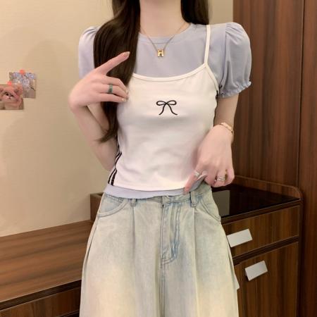 BY18233# 夏季新款韩系设计感蝴蝶结绣花假两件修身显瘦小个子上衣  服裝批發女裝批發服飾貨源