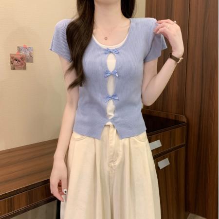 BY18234# 夏季新款韩版设计感甜美温柔风纯欲蝴蝶结假两件短袖上衣  服裝批發女裝批發服飾貨源