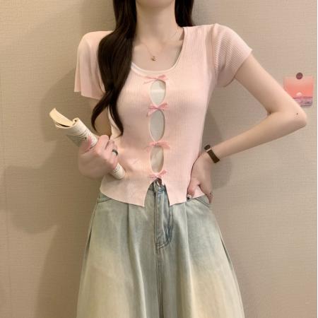 BY18234# 夏季新款韩版设计感甜美温柔风纯欲蝴蝶结假两件短袖上衣  服裝批發女裝批發服飾貨源