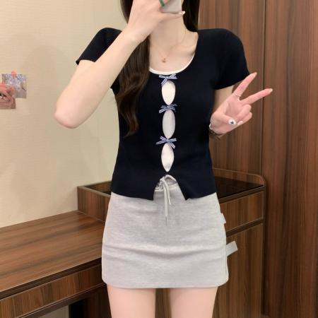 BY18234# 夏季新款韩版设计感甜美温柔风纯欲蝴蝶结假两件短袖上衣  服裝批發女裝批發服飾貨源