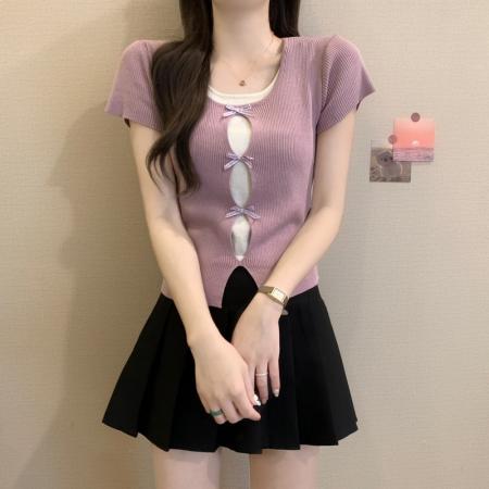 BY18234# 夏季新款韩版设计感甜美温柔风纯欲蝴蝶结假两件短袖上衣  服裝批發女裝批發服飾貨源