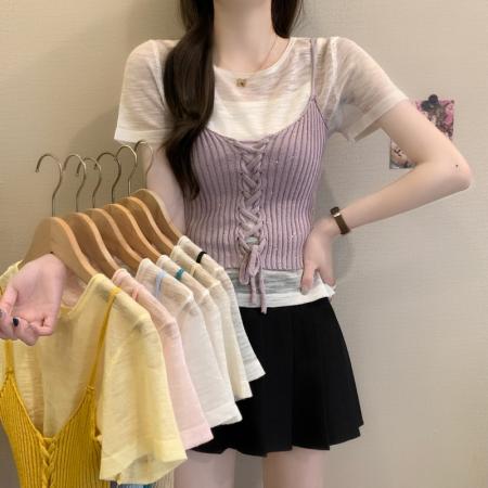 BY18236# 夏季新款韩系气质撞色吊带＋圆领纯色短袖两件套针织上衣  服裝批發女裝批發服飾貨源