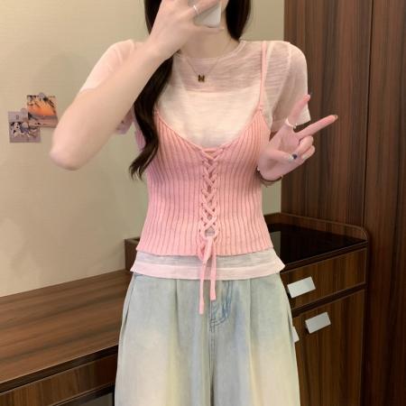 BY18236# 夏季新款韩系气质撞色吊带＋圆领纯色短袖两件套针织上衣  服裝批發女裝批發服飾貨源