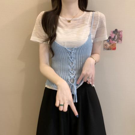 BY18236# 夏季新款韩系气质撞色吊带＋圆领纯色短袖两件套针织上衣  服裝批發女裝批發服飾貨源
