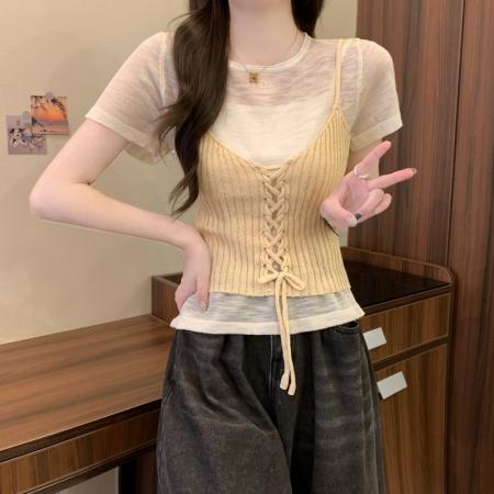 BY18236# 夏季新款韩系气质撞色吊带＋圆领纯色短袖两件套针织上衣  服裝批發女裝批發服飾貨源