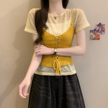 BY18236# 夏季新款韩系气质撞色吊带＋圆领纯色短袖两件套针织上衣  服裝批發女裝批發服飾貨源
