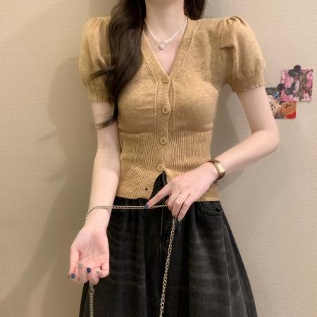 BY18237# 春夏新款时尚韩版显瘦V领一排扣百搭漏肩短袖针织上衣  服裝批發女裝批發服飾貨源