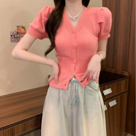 BY18237# 春夏新款时尚韩版显瘦V领一排扣百搭漏肩短袖针织上衣  服裝批發女裝批發服飾貨源