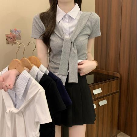 BY18238# 夏季新款韩系甜美撞色拼接翻领短袖条纹褶皱正肩假两件  服裝批發女裝批發服飾貨源