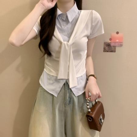 BY18238# 夏季新款韩系甜美撞色拼接翻领短袖条纹褶皱正肩假两件  服裝批發女裝批發服飾貨源