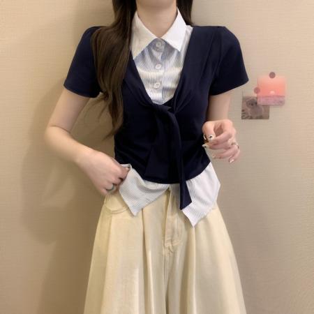 BY18238# 夏季新款韩系甜美撞色拼接翻领短袖条纹褶皱正肩假两件  服裝批發女裝批發服飾貨源