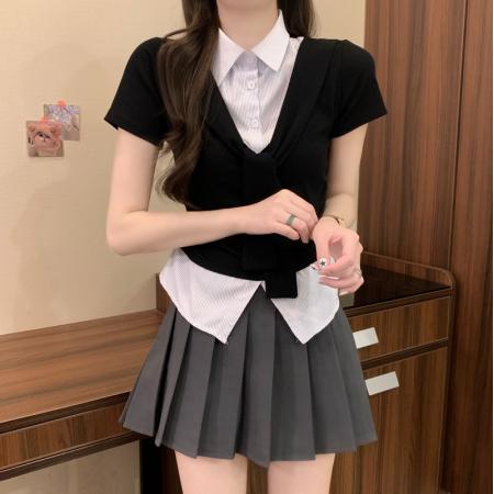 BY18238# 夏季新款韩系甜美撞色拼接翻领短袖条纹褶皱正肩假两件  服裝批發女裝批發服飾貨源