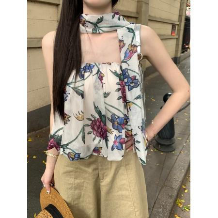 BY18239# 夏季新款葡萄印花雪纺纱蓬蓬花苞抹胸女宽松上衣+围巾  服裝批發女裝批發服飾貨源