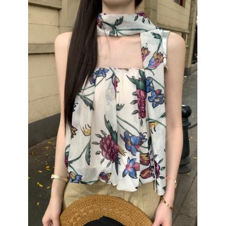 BY18239# 夏季新款葡萄印花雪纺纱蓬蓬花苞抹胸女宽松上衣+围巾  服裝批發女裝批發服飾貨源