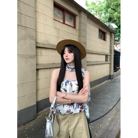 BY18239# 夏季新款葡萄印花雪纺纱蓬蓬花苞抹胸女宽松上衣+围巾  服裝批發女裝批發服飾貨源
